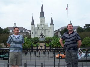 Greg Bellefontaine and Nick Kulnies of Roguetrippers in front of St Louis Cathedral at Jackson Square in New Orleans.