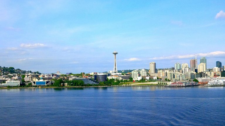 View of Seattle Washington skyline featuring the iconic Space Needle, taken as Roguetrippers embark on a cruise to Alaska.