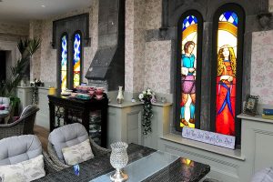 Beautiful stained glass on display in Ballyseede Castle.