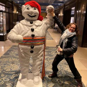 Roguetrippers Stacy Milford visits with BonHomme during Carnaval de Quebec
