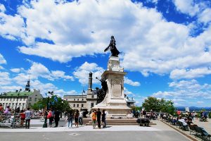 Champlain statue in front of the Château Frontenac in Quebec City