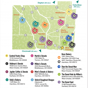 The Map of the Butler County Donut Trail from the Butler county visitors bureau