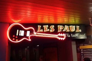 Famous guitarist Les Paul and other Rock and Roll Hall of Fame exhibits.